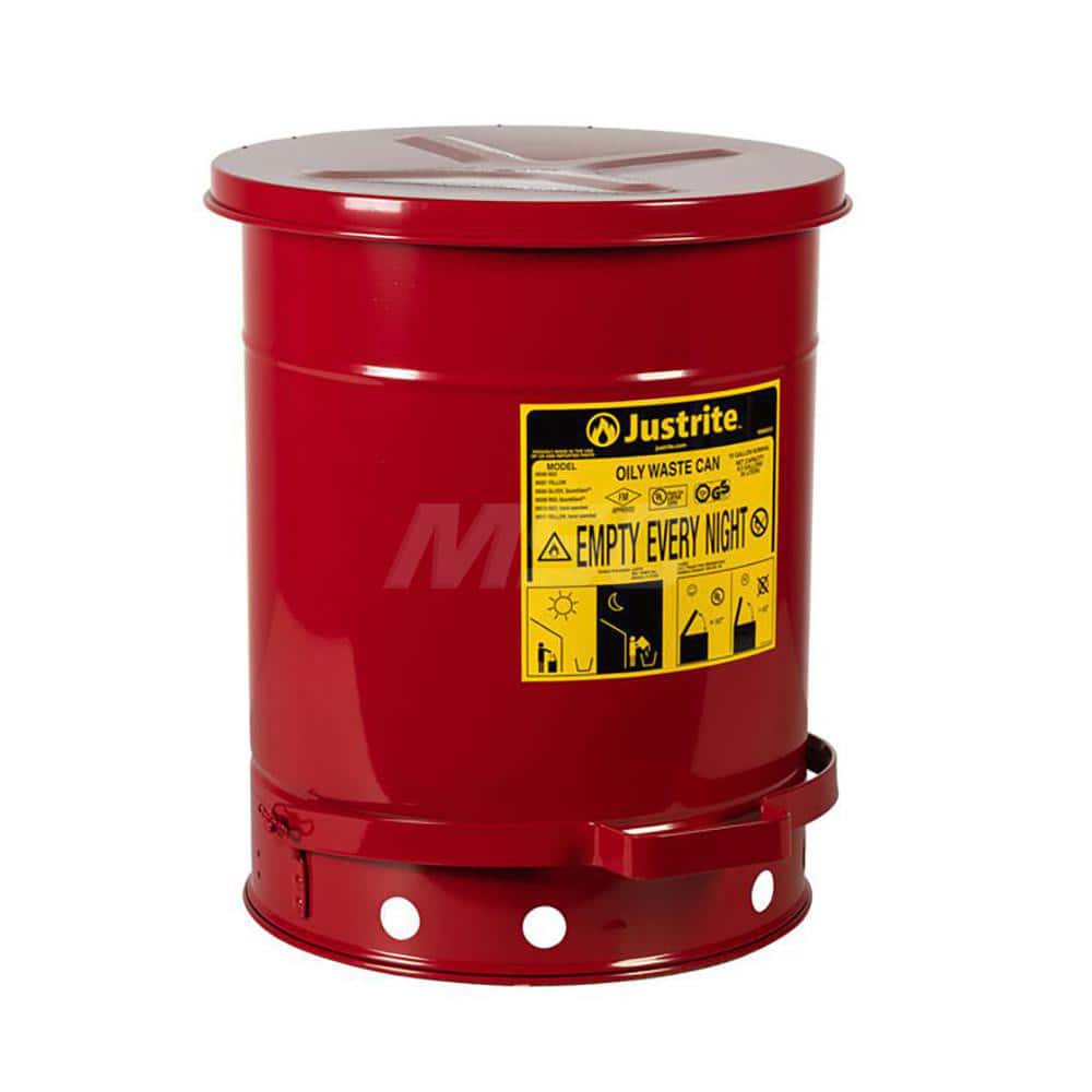 Justrite - Oily Waste Cans & Receptacles; Capacity (Gal.): 10.000 ; Opening Style: Foot Operated ; Color: Red ; Material: Steel ; Height (Inch): 18.25 ; Height (Decimal Inch): 18.000000 - Exact Tooling