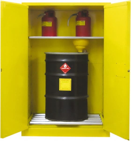 Securall Cabinets - 43" Wide x 31" Deep x 65" High, 18 Gauge Steel Vertical Drum Cabinet with 3 Point Key Lock - Yellow, Manual Closing Door, 1 Shelf, 2 Drums, Drum Rollers Included - Exact Tooling