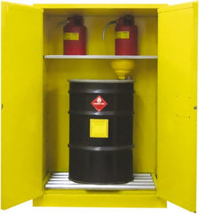 Securall Cabinets - 43" Wide x 31" Deep x 65" High, 18 Gauge Steel Vertical Drum Cabinet with 3 Point Key Lock - Yellow, Manual Closing Door, 1 Shelf, 2 Drums, Drum Rollers Included - Exact Tooling