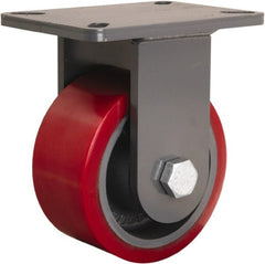 Hamilton - 6" Diam x 3" Wide x 8" OAH Top Plate Mount Rigid Caster - Polyurethane Mold onto Cast Iron Center, 2,600 Lb Capacity, Tapered Roller Bearing, 5-1/4 x 7-1/4" Plate - Exact Tooling