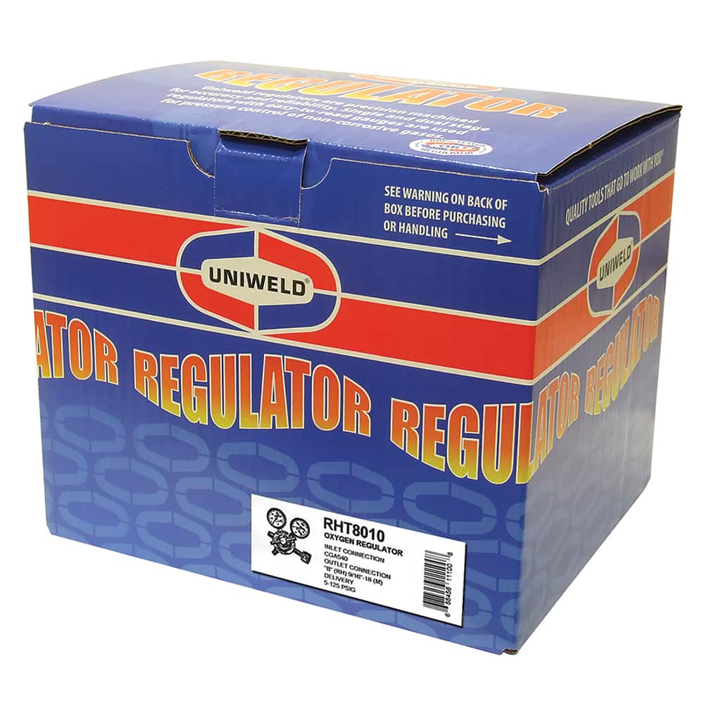Made in USA - Welding Regulators; Gas Type: Oxygen ; CGA Inlet Connection: 540 ; Fitting Type: Male; B R/H ; Maximum Pressure (psi): 4000.00 ; Thread Size: 18 ; Rotation: Clockwise - Exact Tooling