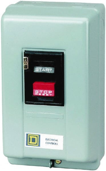 Square D - 2 Poles, 30 Amp, M-1P NEMA, Enclosed Pushbutton Manual Motor Starter - 3 hp at 115 VAC & 5 hp at 230 VAC, CSA, NEMA 1 & UL Listed - Exact Tooling