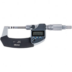 Mitutoyo - 0 to 1" Range, 0.00005" Resolution, Blade Throat IP54 Electronic Outside Micrometer - 0.00015" Accuracy, Ratchet Stop Thimble, Carbide-Tipped Face, SR44 Battery - Exact Tooling