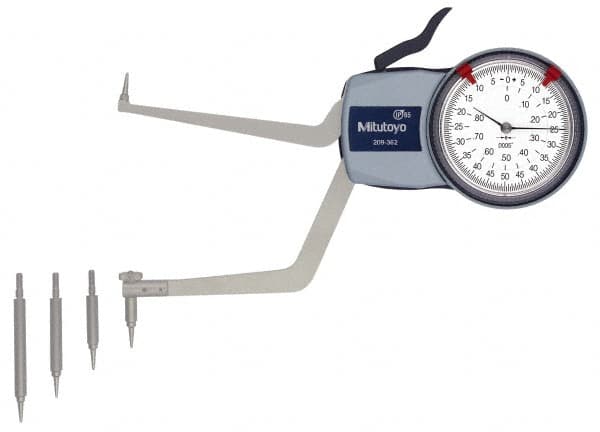 Mitutoyo - 3.6 to 5.6" Inside Dial Caliper Gage - 0.0005" Graduation, 0.0015" Accuracy, 3.3" Leg Length, 0.31" Deep x 0.06" Wide Groove, Ball Contact Points - Exact Tooling