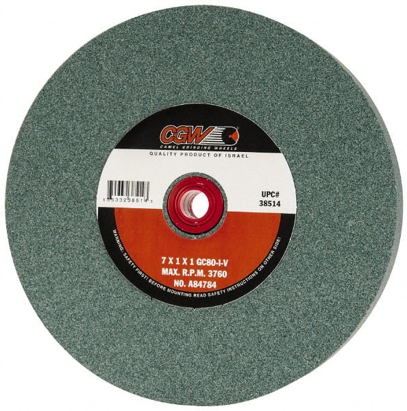 Camel Grinding Wheels - 80 Grit Silicon Carbide Bench & Pedestal Grinding Wheel - 7" Diam x 1" Hole x 1" Thick, 3760 Max RPM, I Hardness, Medium Grade , Vitrified Bond - Exact Tooling