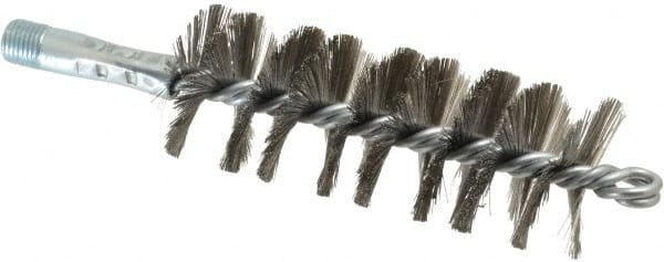 Schaefer Brush - 4-1/2" Brush Length, 1-3/4" Diam, Double Stem, Single Spiral Tube Brush - 7-1/4" Long, Stainless Steel, 1/4" NPSM Male Connection - Exact Tooling