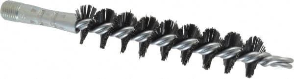 Schaefer Brush - 4-1/2" Brush Length, 1" Diam, Double Stem, Single Spiral Flue Brush - 7-1/2" Long, Tempered Steel Wire, 1/4" NPSM Male Connection - Exact Tooling