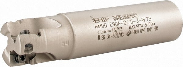 Iscar - 3/4" Cut Diam, 0.394" Max Depth of Cut, 3/4" Shank Diam, 3.38" OAL, Indexable Square Shoulder End Mill - AP..1003.., HM90 AP..1003.. Inserts, Weldon Shank, 90° Lead Angle, Series Heli2000 - Exact Tooling
