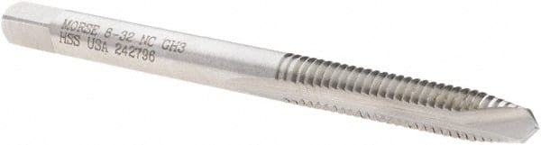 Made in USA - #8-32 UNC, 2 Flute, Bright Finish, High Speed Steel Spiral Point Tap - Plug Chamfer, Right Hand Thread, 2-1/8" OAL, 3/4" Thread Length, 2B Class of Fit - Exact Tooling