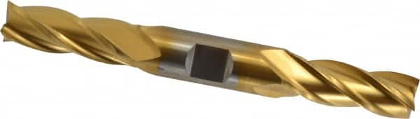 Cleveland - 9/16", 1-3/8" LOC, 5/8" Shank Diam, 5" OAL, 4 Flute, High Speed Steel Square End Mill - Double End, TiN Finish, Spiral Flute, 30° Helix, Centercutting, Right Hand Cut, Right Hand Flute, Series HD-4C - Exact Tooling