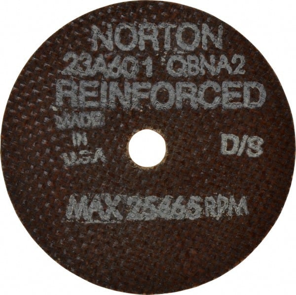 Norton - 3" 60 Grit Aluminum Oxide Cutoff Wheel - 0.035" Thick, 3/8" Arbor, 25,465 Max RPM, Use with Die Grinders - Exact Tooling