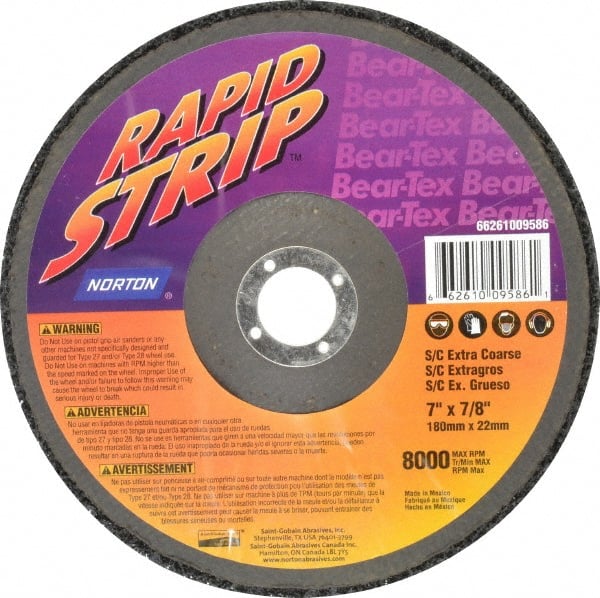 Norton - 7" Wheel Diam, 1/2" Wheel Thickness, 7/8" Arbor Hole, Type 27 Depressed Center Wheel - Silicon Carbide, 8,000 Max RPM, Compatible with Angle Grinder, Drill, Flexible Shaft Motor & Straight Shaft Grinder - Exact Tooling