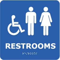 NMC - Restrooms, 8" Wide x 8" High, Plastic Sign - English, Braille, White on Blue, Wall Mount - Exact Tooling