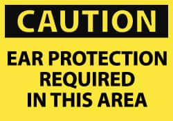 NMC - Accident Prevention Label, Header: CAUTION - Legend: Caution - Ear Protection Required in This Area, English, Black & Yellow, 5" Long x 3" High, Sign Muscle Finish - Exact Tooling