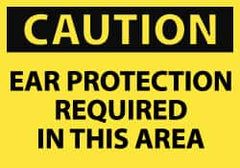 NMC - Accident Prevention Label, Header: CAUTION - Legend: Caution - Ear Protection Required in This Area, English, Black & Yellow, 5" Long x 3" High, Sign Muscle Finish - Exact Tooling