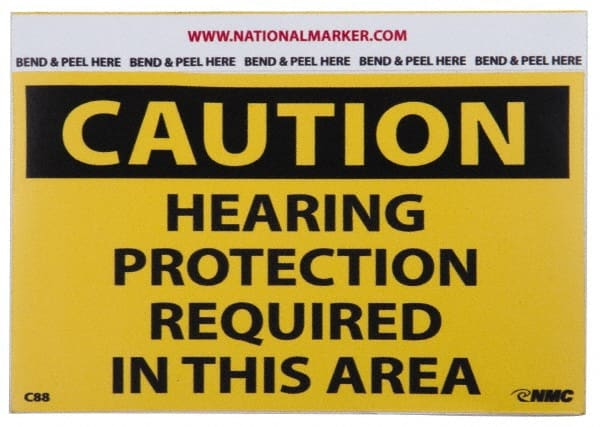 NMC - Accident Prevention Label, Header: CAUTION - Legend: Caution - Hearing Protection Required in This Area, English, Black & Yellow, 5" Long x 3" High, Sign Muscle Finish - Exact Tooling