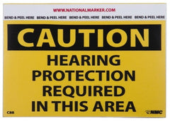 NMC - Accident Prevention Label, Header: CAUTION - Legend: Caution - Hearing Protection Required in This Area, English, Black & Yellow, 5" Long x 3" High, Sign Muscle Finish - Exact Tooling
