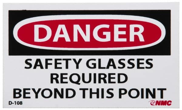 NMC - Accident Prevention Label, Header: DANGER - Legend: Danger - Safety Glasses Required Beyond This Point, English, Red, Black & White, 5" Long x 3" High, Sign Muscle Finish - Exact Tooling