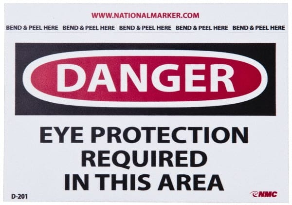 NMC - Accident Prevention Label, Header: DANGER - Legend: Danger - Eye Protection Required in This Area, English, Red, Black & White, 5" Long x 3" High, Sign Muscle Finish - Exact Tooling