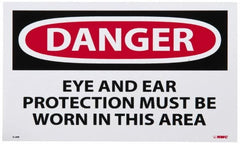 NMC - Accident Prevention Label, Header: DANGER - Legend: Danger - Eye and Ear Protection Must Be Worn in This Area, English, Red, Black & White, 5" Long x 3" High, Sign Muscle Finish - Exact Tooling