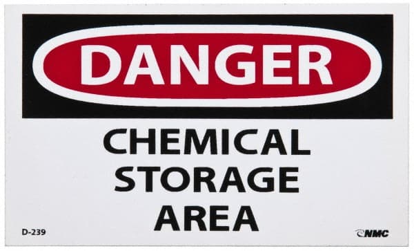 NMC - Hazardous Materials Label, Header: DANGER - Legend: Danger - Chemical Storage Area, English, Red, Black & White, 5" Long x 3" High, Sign Muscle Finish - Exact Tooling