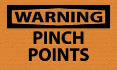 NMC - Accident Prevention Label, Header: WARNING - Legend: Warning - Pinch Points, English, Black & Orange, 5" Long x 3" High, Sign Muscle Finish - Exact Tooling