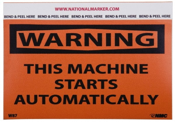 NMC - Accident Prevention Label, Header: WARNING - Legend: Warning - This Machine Starts Automatically, English, Black & Orange, 5" Long x 3" High, Sign Muscle Finish - Exact Tooling