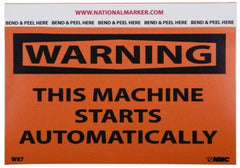 NMC - Accident Prevention Label, Header: WARNING - Legend: Warning - This Machine Starts Automatically, English, Black & Orange, 5" Long x 3" High, Sign Muscle Finish - Exact Tooling