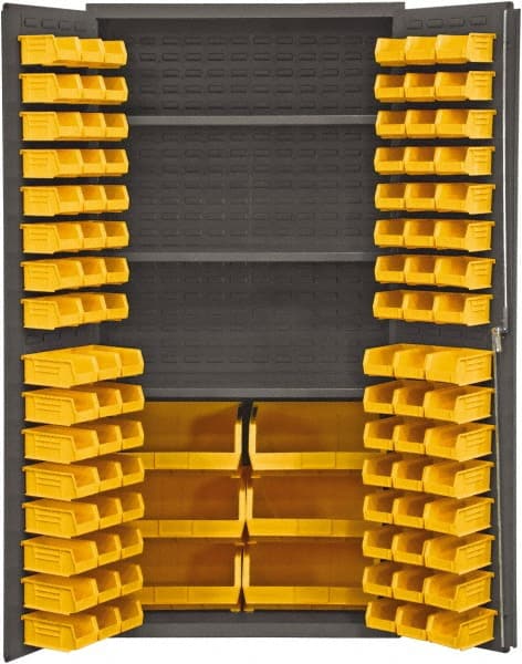 Durham - 3 Shelf 102 Bin Storage Cabinet - Steel, 36" Wide x 24" Deep x 72" High, Gray - Exact Tooling