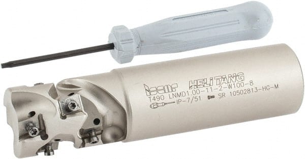 Iscar - 1" Cut Diam, 1.2" Max Depth of Cut, 1" Shank Diam, 4" OAL, Indexable Square Shoulder End Mill - T490 LN.T 08.. Inserts, Weldon Shank, 90° Lead Angle, Through Coolant, Series Helitang - Exact Tooling