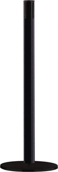 Tensator - 38" High, 2-1/2" Pole Diam, Tensabarrier Post - 14" Base Diam, Round Heavy Gauge Steel Base, Black Steel Post, Tape, Single Line Tape - Exact Tooling