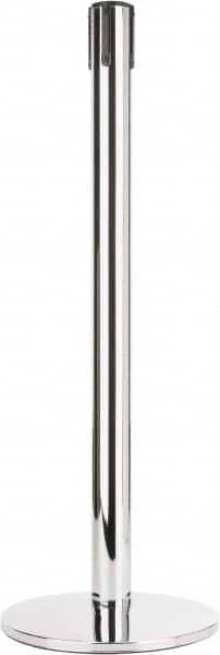 Tensator - 38" High, 2-1/2" Pole Diam, Tensabarrier Post - 14" Base Diam, Round Heavy Gauge Steel Base, Polished Chrome (Color) Steel Post, Tape, Single Line Tape - Exact Tooling