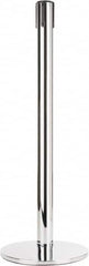 Tensator - 38" High, 2-1/2" Pole Diam, Tensabarrier Post - 14" Base Diam, Round Heavy Gauge Steel Base, Polished Chrome (Color) Steel Post, Tape, Single Line Tape - Exact Tooling