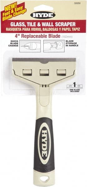 Hyde Tools - Stiff Carbon Steel 1-Edge Scraper - 4" Blade Width x 4" Blade Length, Plastic Handle - Exact Tooling
