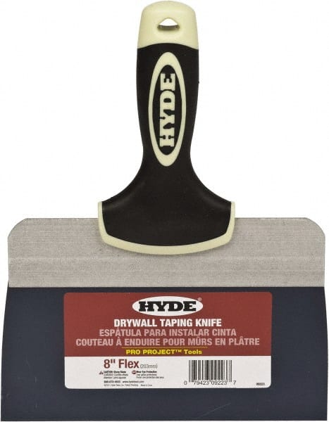 Hyde Tools - 8" Wide Spring Blade Tempered Steel Taping Knife - Flexible, Soft Grip Plastic Overmold Handle, 10-1/2" OAL - Exact Tooling
