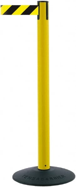 Tensator - 38" High, 2-1/2" Pole Diam, Barricade Tape Dispenser - 14" Base Diam, Round Stainless Steel Base, Black Polymer Post, 7-1/2' x 1-7/8" Tape, Single Line Tape, For Outdoor Use - Exact Tooling