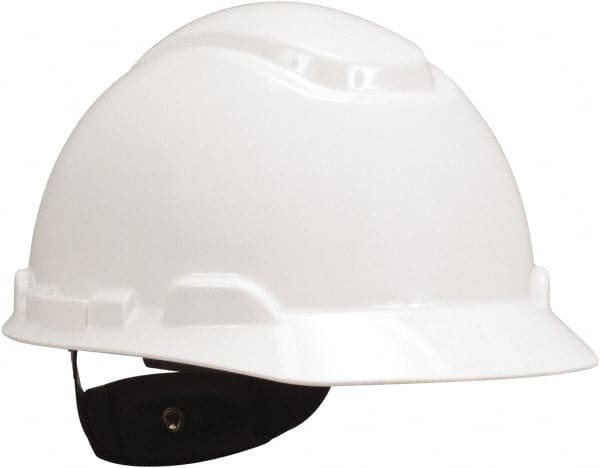 3M - ANSI Type I, Class E Rated, 4 Point, Ratchet Adjustment Hard Hat - Size 6-1/2 to 8, White, Standard Brim, Slotted - Exact Tooling