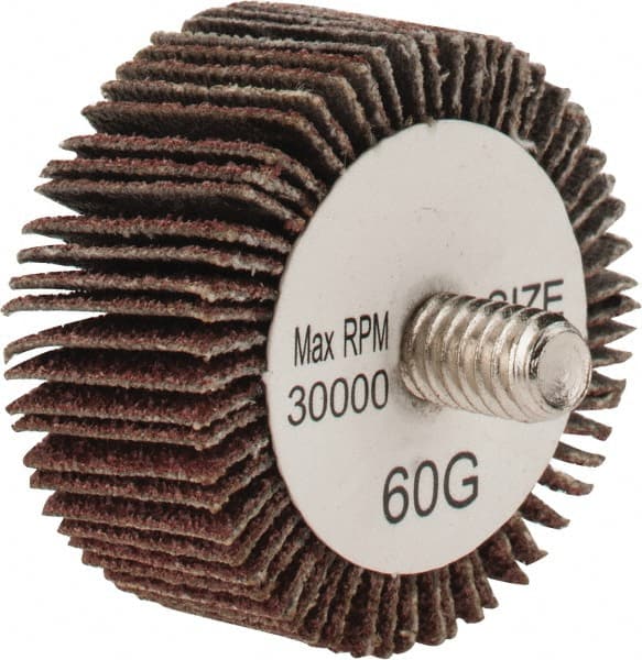 Tru-Maxx - 1-3/8" Diam x 5/8" Face Width, Medium Aluminum Oxide Coated Mounted Flap Wheel - 1/4-20 Threaded Mount, 60 Grit, 30,000 Max RPM - Exact Tooling