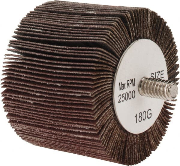 Tru-Maxx - 2" Diam x 1-1/2" Face Width, Fine Aluminum Oxide Coated Mounted Flap Wheel - 1/4-20 Threaded Mount, 180 Grit, 25,000 Max RPM - Exact Tooling