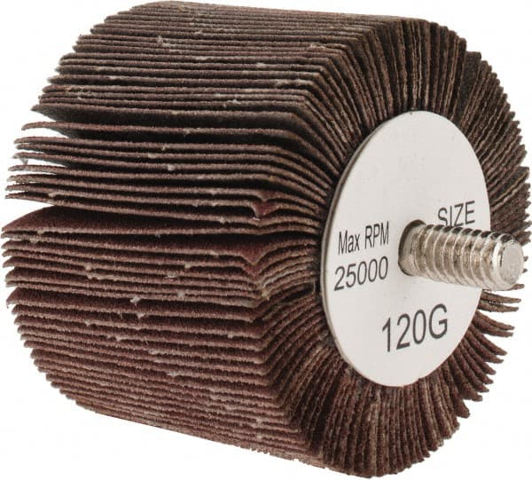 Tru-Maxx - 2" Diam x 1-1/2" Face Width, Fine Aluminum Oxide Coated Mounted Flap Wheel - 1/4-20 Threaded Mount, 120 Grit, 25,000 Max RPM - Exact Tooling