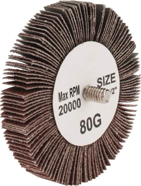 Tru-Maxx - 3" Diam x 1/2" Face Width, Medium Aluminum Oxide Coated Mounted Flap Wheel - 1/4-20 Threaded Mount, 80 Grit, 20,000 Max RPM - Exact Tooling
