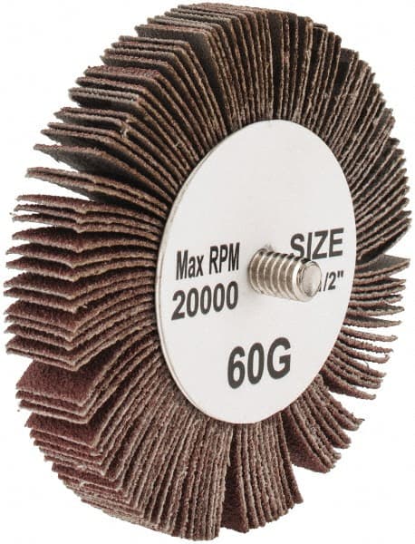 Tru-Maxx - 3" Diam x 1/2" Face Width, Medium Aluminum Oxide Coated Mounted Flap Wheel - 1/4-20 Threaded Mount, 60 Grit, 20,000 Max RPM - Exact Tooling