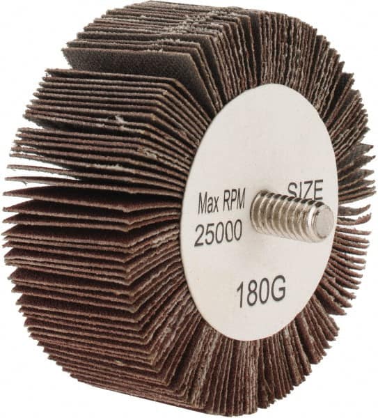 Tru-Maxx - 2-1/2" Diam x 1" Face Width, Very Fine Aluminum Oxide Coated Mounted Flap Wheel - 1/4-20 Threaded Mount, 180 Grit, 25,000 Max RPM - Exact Tooling