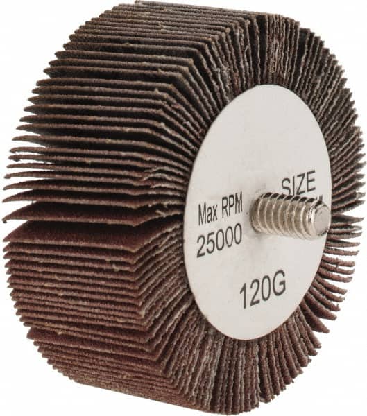 Tru-Maxx - 2-1/2" Diam x 1" Face Width, Fine Aluminum Oxide Coated Mounted Flap Wheel - 1/4-20 Threaded Mount, 120 Grit, 25,000 Max RPM - Exact Tooling