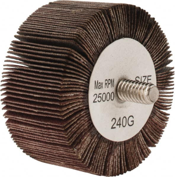 Tru-Maxx - 2" Diam x 1" Face Width, Very Fine Aluminum Oxide Coated Mounted Flap Wheel - 1/4-20 Threaded Mount, 240 Grit, 25,000 Max RPM - Exact Tooling