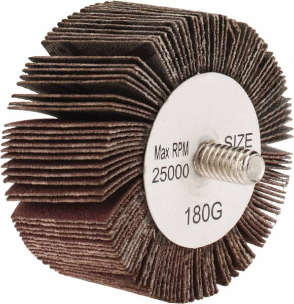 Tru-Maxx - 2" Diam x 1" Face Width, Very Fine Aluminum Oxide Coated Mounted Flap Wheel - 1/4-20 Threaded Mount, 180 Grit, 25,000 Max RPM - Exact Tooling