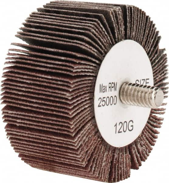 Tru-Maxx - 2" Diam x 1" Face Width, Fine Aluminum Oxide Coated Mounted Flap Wheel - 1/4-20 Threaded Mount, 120 Grit, 25,000 Max RPM - Exact Tooling