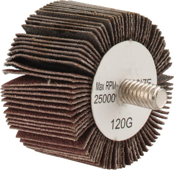 Tru-Maxx - 1-5/8" Diam x 1" Face Width, Fine Aluminum Oxide Coated Mounted Flap Wheel - 1/4-20 Threaded Mount, 120 Grit, 25,000 Max RPM - Exact Tooling