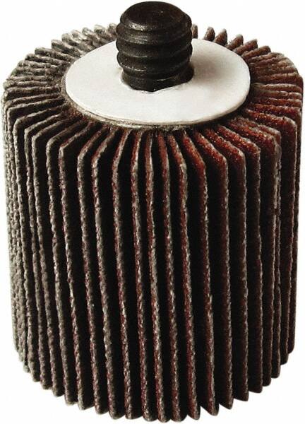 Tru-Maxx - 2" Diam x 1-1/2" Face Width, Medium Aluminum Oxide Coated Mounted Flap Wheel - 1/4-20 Threaded Mount, 80 Grit, 25,000 Max RPM - Exact Tooling
