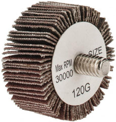 Tru-Maxx - 1-3/8" Diam x 5/8" Face Width, Fine Aluminum Oxide Coated Mounted Flap Wheel - 1/4-20 Threaded Mount, 120 Grit, 30,000 Max RPM - Exact Tooling